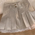 2024-Korean-Fashion-Khaki-Short-Skirt-Lace-Trim-Cute-Pleated-Skirts-Womens-Preppy-Style-Button-Up-4