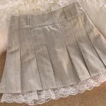 2024-Korean-Fashion-Khaki-Short-Skirt-Lace-Trim-Cute-Pleated-Skirts-Womens-Preppy-Style-Button-Up-5
