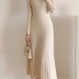 Autumn-Winter-2023-Slim-Long-Sleeve-Party-Midi-Dress-for-Women-Knitted-Half-High-Collar-Elegant