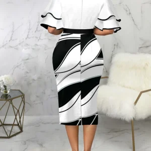 Bodycon-Print-Dresses-for-Women-2023-Black-and-White-Ruffle-Sleeve-Midi-Robes-Bowtie-Package-Hip-1