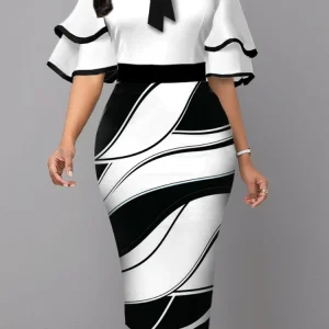 Bodycon-Print-Dresses-for-Women-2023-Black-and-White-Ruffle-Sleeve-Midi-Robes-Bowtie-Package-Hip