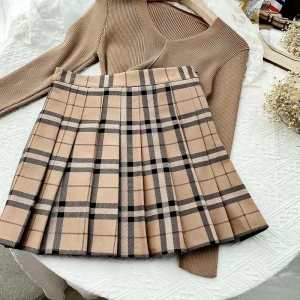 Contrast-Color-Plaid-Striped-Skirt-Korean-Version-of-Pleated-Skirt-Autumn-High-Waist-A-Line-Plaid-1