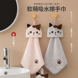 Coral-Velvet-Pocket-Cat-Embroidered-Hand-Towel-Bathroom-Hanging-Absorbent-Towel-Kitchen-Bathroom-Square-Towel