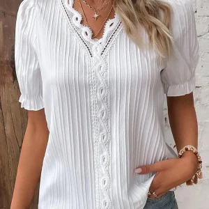 Elegant-Blouse-Solid-Shirt-Lace-2023-Summer-Fashion-Hollow-Short-Sleeve-Pullover-Top-Office-Lady-Shirt