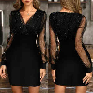 Elegant-Womens-V-Neck-Bodycon-Dress-Puff-Sleeve-Cocktail-Evening-Party-Gown-Polyester-Sequins-Mesh-Brand