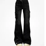 High-Street-Office-Lady-Black-Flare-Jeans-Slim-Bell-Bottoms-Gyaru-Fashion-Denim-Trousers-Multiple-Pockets