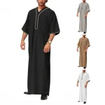 Islamic-Kaftan-Men-Half-Sleeve-Solid-Color-V-Neck-Muslim-Clothing-Loose-Casual-Pakistan-Saudi-Ara
