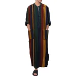 Men-Muslim-Jubba-Thobe-Patchwork-Striped-V-Neck-Long-Sleeve-Caftan-Dubai-Robe-Vintage-Islamic-Arabic