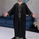 Mens-Muslim-Stripe-Jubba-Kaftan-Dishdash-Thobe-Saudi-Arab-Muslim-Clothing-Long-Sleeve-Maxi-Robe-New-1
