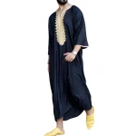 Mens-Muslim-Stripe-Jubba-Kaftan-Dishdash-Thobe-Saudi-Arab-Muslim-Clothing-Long-Sleeve-Maxi-Robe-New