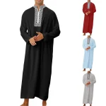 Muslim-Fashion-2024-Men-s-Long-Sleeve-V-neck-Moroccan-Kaftan-Half-Zipper-Casual-Djellaba-Abaya
