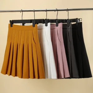 Pleated-Skirt-with-Pockets-Women-s-Autumn-Yellow-Preppy-Style-Elastic-High-Waist-A-Line-Slimming