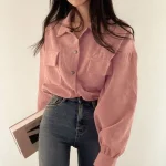 Rimocy-Chic-Pockets-Long-Sleeve-Cropped-Blouse-for-Women-Corduroy-Drawstring-Short-Jacket-Woman-Korean-Wild-1