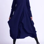 Solid-Color-Stand-Collar-A-Line-Midi-Dress-Chinese-Style-Vintage-Long-Sleeve-Casual-Elegant-and-4