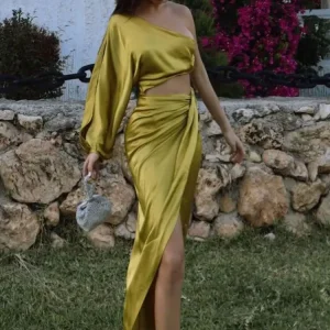 TRAFZA-Dress-For-Women-Yellow-Asymmetric-Satin-Cut-Out-Long-Dress-Women-Ruched-Off-Shoulder-Elegant-1