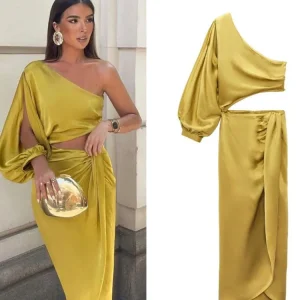 TRAFZA-Dress-For-Women-Yellow-Asymmetric-Satin-Cut-Out-Long-Dress-Women-Ruched-Off-Shoulder-Elegant