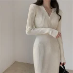 Vintage-Knitted-Sweater-Long-Sleeve-Dresses-Women-Slim-Bodycon-Korean-Elegant-Fall-Winter-Button-V-Neck