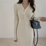 Vintage-Knitted-Sweater-Long-Sleeve-Dresses-Women-Slim-Bodycon-Korean-Elegant-Fall-Winter-Button-V-Neck-2