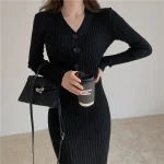 Vintage-Knitted-Sweater-Long-Sleeve-Dresses-Women-Slim-Bodycon-Korean-Elegant-Fall-Winter-Button-V-Neck-4