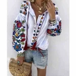 Women-Autumn-Clothes-Long-Sleeve-Shirt-Flower-V-Neck-Casual-Loose-Top-Ladies-Blouse-Tee
