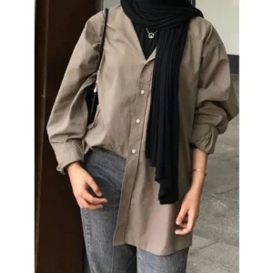 Women-Muslim-Blouse-Vintage-Abayas-Turn-Down-Collar-Long-Sleeve-Solid-Single-Breasted-Loose-Shirt-Casual-1