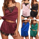 Women-Sexy-Lace-Border-Comfortable-Nightwear-Smooth-Satin-Skin-Friendly-Pajamas-Suspenders-Tops-Shorts-2pcs-Outfit-5