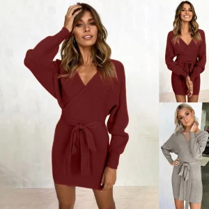 Women-s-Fashion-Knitted-Long-Sleeve-V-Neck-Sexy-Hip-Wrap-Warm-Sweater-Dress-Solid-Color