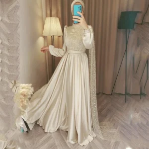 Champagne-Long-Sleeve-Muslim-Evening-Dresses-Luxury-2023-A-Line-Formal-Dress-Women-Elegant-Wedding-Gowns
