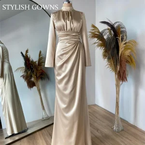 Champagne-Satin-Muslim-Evening-Dress-For-Women-2023-High-Neck-Long-Sleeves-Formal-Prom-Wedding-Party