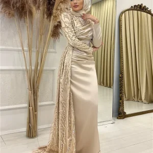 Muslim-Wedding-Gowns-Dubai-Arab-Women-2024-Champagne-Long-Sleeves-High-Neck-Evening-Dress-Mermaid-Robes