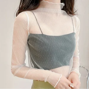 NEW-Lace-Perspective-Women-Top-Slim-Fit-Mesh-T-Shirts-Turtleneck-Sheer-Blouses-Long-Sleeve-T-1