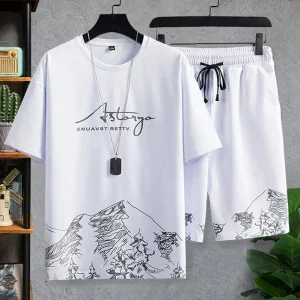 New-Shorts-Set-Sleeve-Drawstring-Pockets-Casual-Outfit-Mountain-Print-Loose-T-shirt-Loose-Shorts-Sport-1