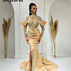 Sparkly-Champagne-Dubai-Evening-Dresses-2024-Beads-Crystals-Rhinestones-Long-Sleeves-Luxury-Muslim-Wedding-Gowns-High