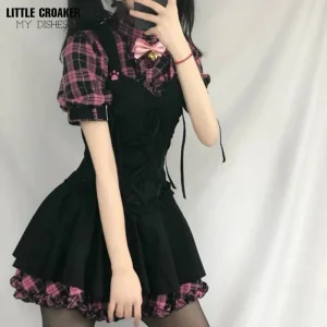 Summer-Mini-Dress-Women-Plaid-2024-Kawaii-Fairy-Clothes-Short-Sleeve-Strap-Dress-Lolita-Harajuku-Cottagecore