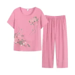 Summer-Women-Pants-Pajama-Set-Short-Sleeve-Floral-Print-Suits-T-shirt-Pants-Loose-Two-Pieces-3