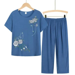 Summer-Women-Pants-Pajama-Set-Short-Sleeve-Floral-Print-Suits-T-shirt-Pants-Loose-Two-Pieces