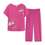 Summer-Women-Pants-Pajama-Set-Short-Sleeve-Floral-Print-Suits-T-shirt-Pants-Loose-Two-Pieces-4