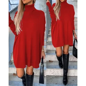 2024-Autumn-New-Women-s-Clothing-Solid-Color-High-Collar-Elegant-Loose-Dress-Casual-Fashion-1