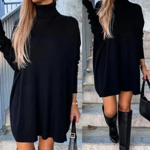 2024-Autumn-New-Women-s-Clothing-Solid-Color-High-Collar-Elegant-Loose-Dress-Casual-Fashion