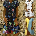2024-New-Vintage-Dresses-Women-Solid-Color-V-Neck-Short-Sleeve-Beach-Knee-Length-Loose-Dress-3