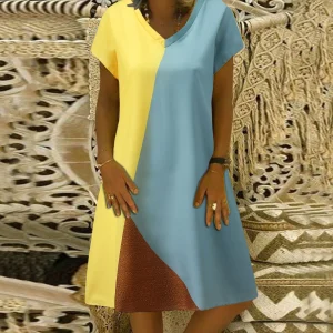 2024-New-Vintage-Dresses-Women-Solid-Color-V-Neck-Short-Sleeve-Beach-Knee-Length-Loose-Dress