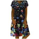 2024-New-Vintage-Dresses-Women-Solid-Color-V-Neck-Short-Sleeve-Beach-Knee-Length-Loose-Dress-4