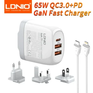 LDNIO-USB-C-Charger-65W-3-in-1-GaN-USB-C-Fast-Charger-with-PD-QC3
