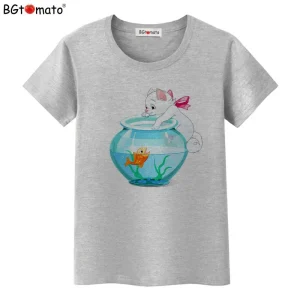 BGtomato-T-shirt-goldfish-and-cat-shirt-cartoon-lovely-cute-t-shirt-women-New-style-kawaii